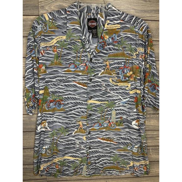 Harley Davidson Hawaiian Surfer Shirt XL Mens Vintage Hawaii Made in USA - Picture 1 of 10